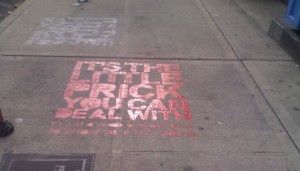 Public health campaign "Little Prick" on sidewalk